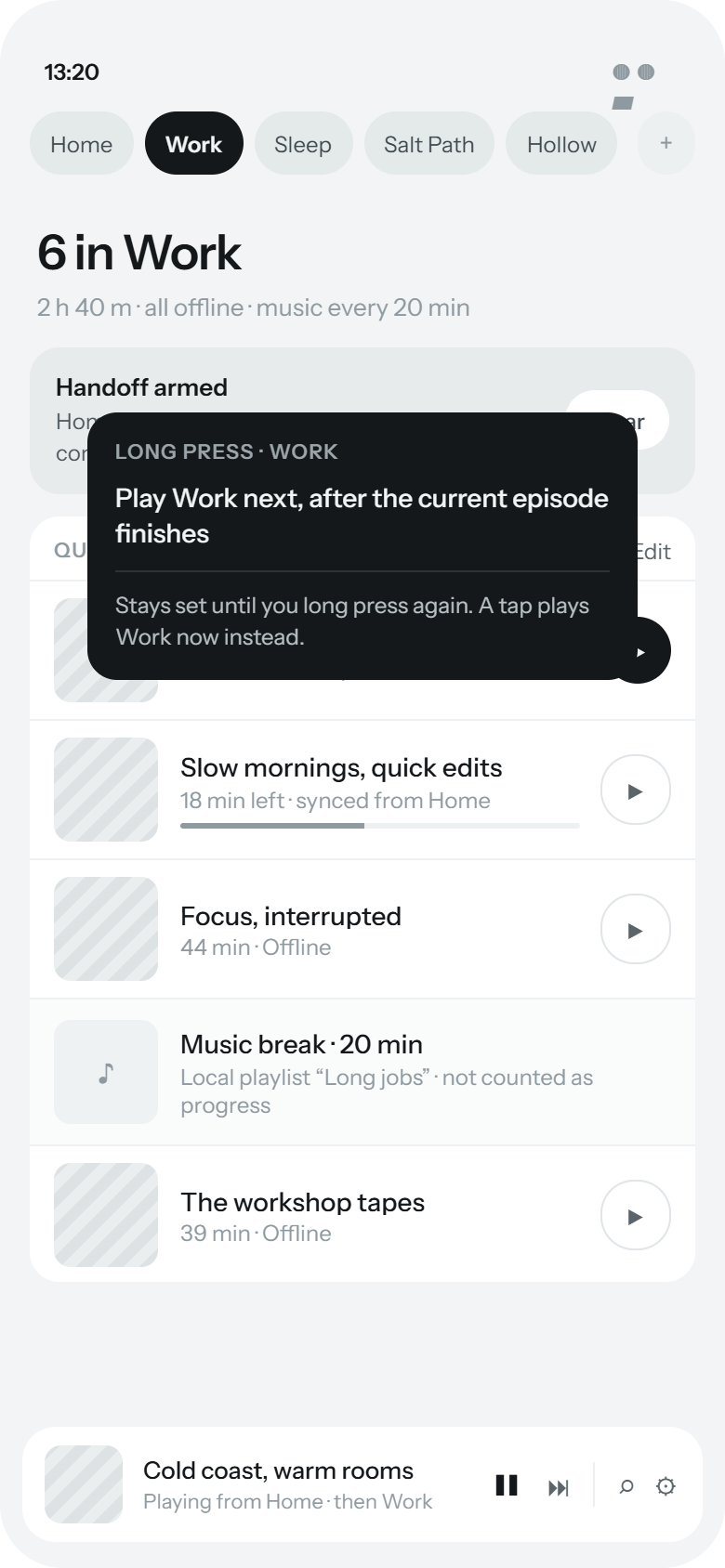 Long-press handoff on the Work context