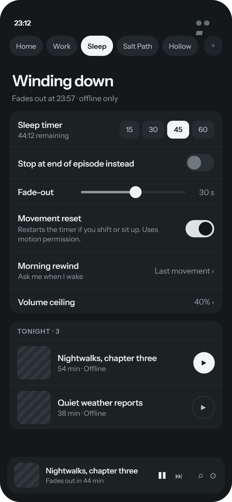 Sleep context with timer controls